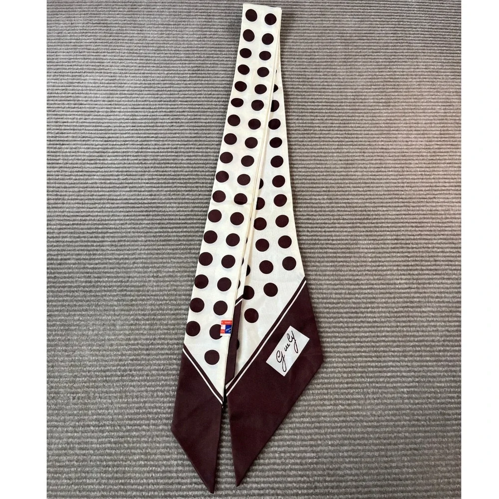 Vintage Guly Polka Dot Skinny Scarf Brown Cream Acetate Twill Made in Japan